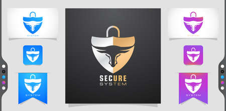 illustration of a SECURE SYSTEM, BULL,SHIELD and LOCK. applicable for logo protection, brand computer system, set of labels for design web. variation design a gold, silver, purple and blue colors.のイラスト素材