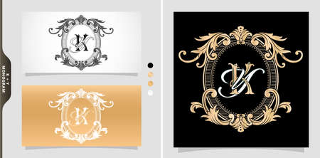 heraldic coat of arms KY or YK   initial letter. graphic name Frames and Border of floral designs, applicable for KY or YK Monogram, for insignia, wedding couple name, badge label premium design.のイラスト素材