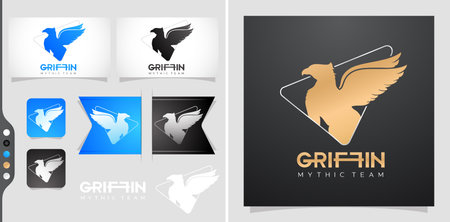 Griffin mythic team concept logo for e sport, Griffin Apparel or Griffin Adventure tag and label. Three variation design Colors, blue black, and elegant golds.のイラスト素材