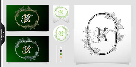illustration of floral frame ellipse a KY or YK initial letter and graphic name, Monogram for Wedding couple symbolic, company business, label wedding invitation, name cardのイラスト素材