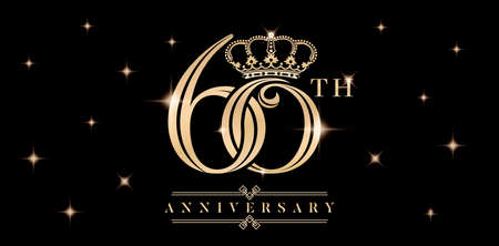 60th anniversary symbol with crown and sparkling glitter isolated black backgrounds. applicable for greeting cards, invitation, Wedding anniversary , banner and celebration company or businessのイラスト素材