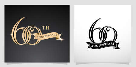 illustration of 60th anniversary with ribbon, isolated black and white backgrounds. applicable for greeting cards, invitation, Wedding anniversary , banner and celebration company or businessのイラスト素材
