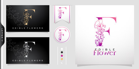 Illustration of Letter F Logotype Edible Flower symbolic with purple gradient colors isolated black and white backgrounds, applicable for product, and logo for corporate brandsのイラスト素材