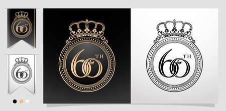 illustration of 60th with circle frame and crown. Ellipse Frame element with color gold isolated background, for letterpress, embroidery, invitation wedding anniversary, greeting card, and sign labelのイラスト素材