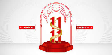 illustration of podium background with light 11.11 online sale, with polygons display product. applicable for online shop sign, poster, flyer, social media banner, label promotion in storeのイラスト素材