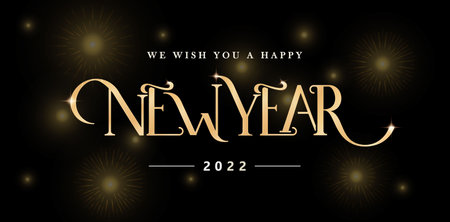 New Year fonts golden color with isolated black background, fireworks and glitter sparkle star...