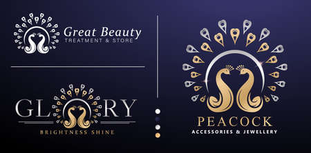 illustration of Double Peacock logotype golden colors design vector isolated background applicable for company name, jewelry sign, branding label concept, beauty store, hotel, corporate, boutique shopのイラスト素材