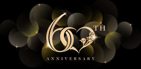 60th anniversary symbol with love or heart and sparkling glitter isolated black backgrounds. applicable for greeting cards, invitation, Wedding anniversary , banner and celebration company or businessのイラスト素材