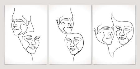 line art face three set isolated backgrounds, applicable for tattoo, decoration home, frame canvas printing, wedding invitation, greeting cards, poster, surrealism art designs, fabric print textilesのイラスト素材