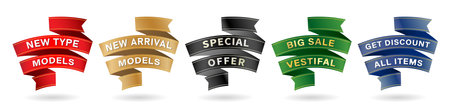 vector illustration five set of ribbons, badges and labels with different colors for User interface designs, print Layouts, collages, scene decks, ads campaigns, Promotional retailのイラスト素材