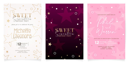 Vector illustration Set of wedding invitation cards with stars or birthday party invitation backgrounds for covering elements, banner social media, poster advertising, advertisemenのイラスト素材