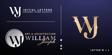 WJ monogram letter Luxury alphabet letter logo design with gold and silver colors Elegantly and classical style for initials wedding invitation, Stationery, Layouts collagesのイラスト素材