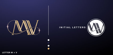 Initial Letter MV logo design golden color alphabet with line art style for business card icon, corporate signs, advertisement materials golden foil, collages prints, ads campaignsのイラスト素材