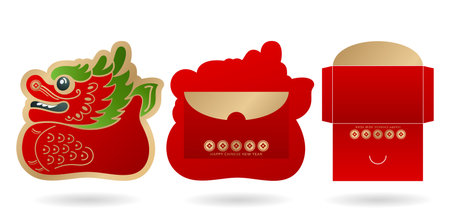 Vector illustration of set Chinese new year red envelope with dragon and gold coin isolated backgrounds for greeting cards, angpao, letterpress golden foil envelopes, orientalのイラスト素材