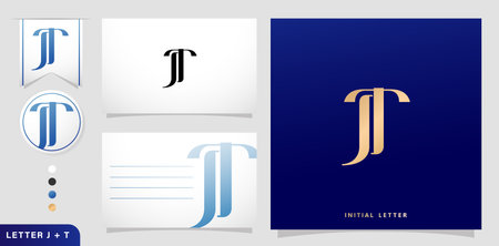 a set of business cards with the letter JT, Luxury Initial Letters J and T Logos Designs in Blue Colors for branding ads campaigns, letterpress, embroidery, covering invitationsのイラスト素材