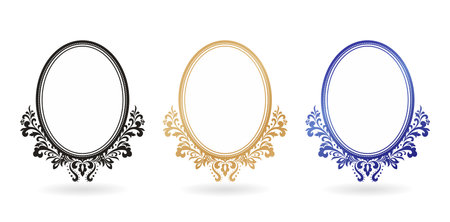 three oval frames with ornate decorative designs isolated white backgrounds for paintings, mirrors or photo, paper craft printable designs, wedding invitation emblem coverのイラスト素材