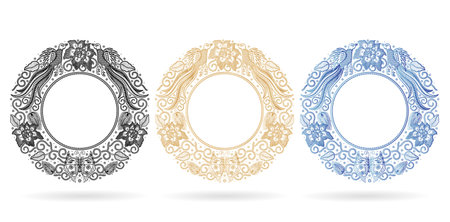 Circular frame ornament wreath ornate round three set colors isolated white backgrounds for mirrors or photo, paper craft printable designs, wedding invitation emblem coverのイラスト素材