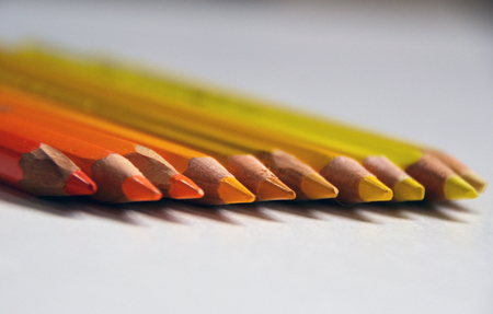 Yellow and orange pencils in a rowの写真素材