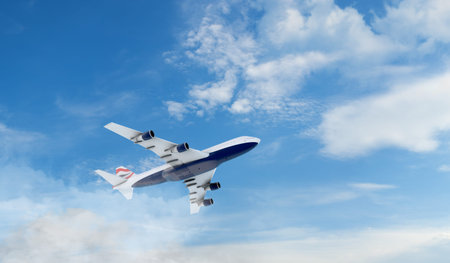 Boeing 747  flying in the clouds.の写真素材