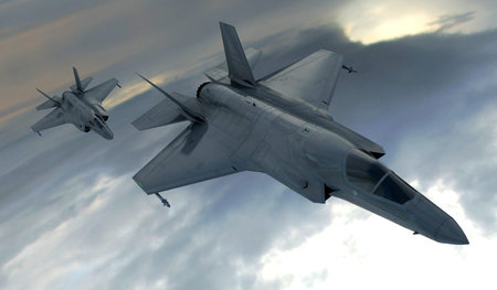 F 35 , american military fighter plane.Jet plane. Fly in clouds.