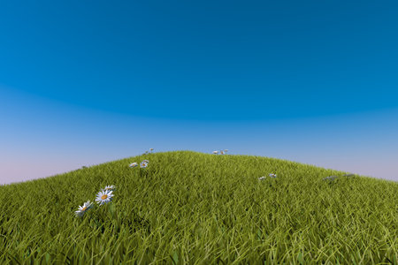 Green grassy hill. blue sky. 3d render