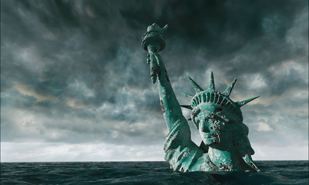 Apocalyptic water view. Old Statue of liberty in Storm. 3d renderの写真素材