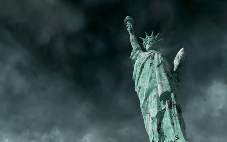 Apocalyptic view. Old Statue of liberty in Storm. 3d render.の写真素材