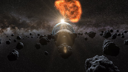 flying asteroid, meteorite to Earth. outer space. Armageddon 3d rendering