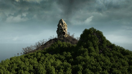 horror island in ocean. devilish screaming skull. Halloween concept. Hellの写真素材