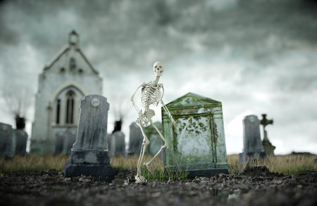 Skeleton on scary old cemetery. Halloween concept. 3d rendering.