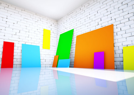color blanks paper on brick room. 3d rendering.の写真素材