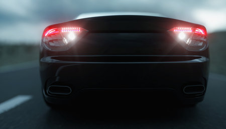 Black sport car on road, highway. Very fast driving. 3d rendering