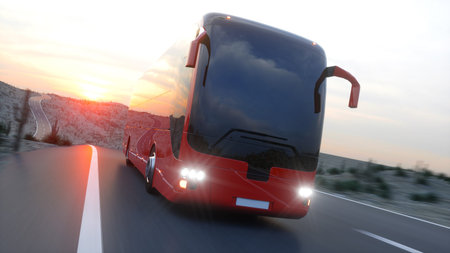touristic red bus on highway. Fast driving. realistic 3d renderingの写真素材