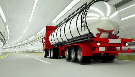 red Gasoline tanker in a tunnel. fast driving. oil concept. 3d renderingの写真素材