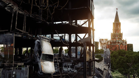 Apocalypse of Russia. Aerial View of the destroyed Moscow city. Apocalypse concept. 3d renderingの写真素材