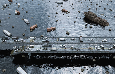 Apocalypse sea view. Destroyed bridge. Armageddon concept. 3d renderingの写真素材