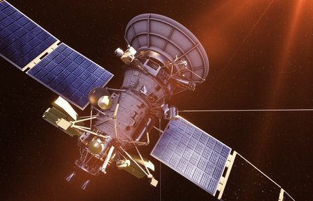 Satellite in space. view of the earth. Sunrise. 3d rendering.の写真素材