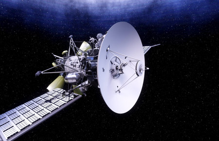 Satellite in space. view of the earth. Sunrise. 3d rendering.