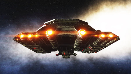 Futuristic space ship in . Earth planet wonderfull view. realistic metal surface . 3d rendering.