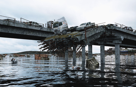 Apocalypse sea view. Destroyed bridge. Armageddon concept. 3d rendering.の写真素材