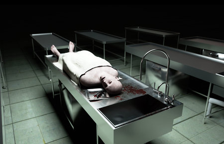 cadaver, dead male body in morgue on steel table. Corpse. Autopsy concept. 3d rendering.