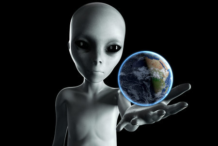 Alien hand reaching out with Earth planet. UFO futuristic concept. 3d rendering.の写真素材