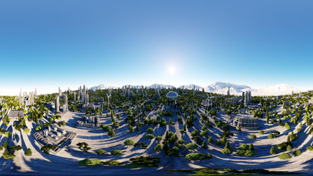 360 degrees. futuristic city, town. Architecture of the future. Aerial view. 3d rendering. spherical...