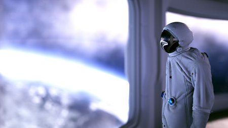 alone astronaut in futuristic interior. Sci fi room view of the earth. 3d rendering.
