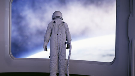 alone astronaut in futuristic interior. Sci fi room view of the earth. 3d rendering.