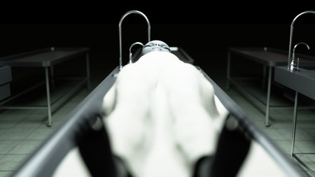 The dead alien in the morgue on the table. Futuristic autopsy concept. 3d rendering.