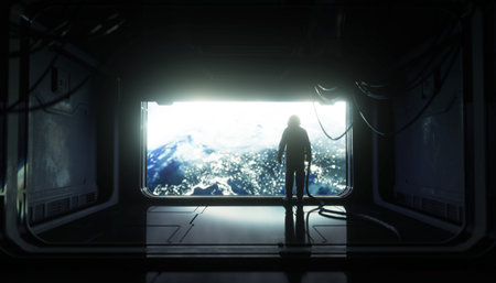 alone astronaut in space. Sci fi futuristic corridor. view of the earth. 3d rendering.の写真素材