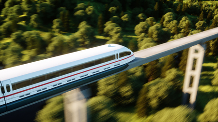 futuristic, modern train passing on mono rail. Ecological future concept. Aerial nature view. 3d rendering.の写真素材