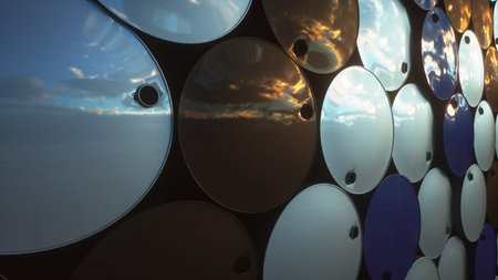 Barrels of oil near petrol plant, refinery. 3d rendering.