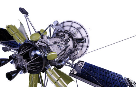 Satellite in space. Isolate on white. 3d rendering.の写真素材